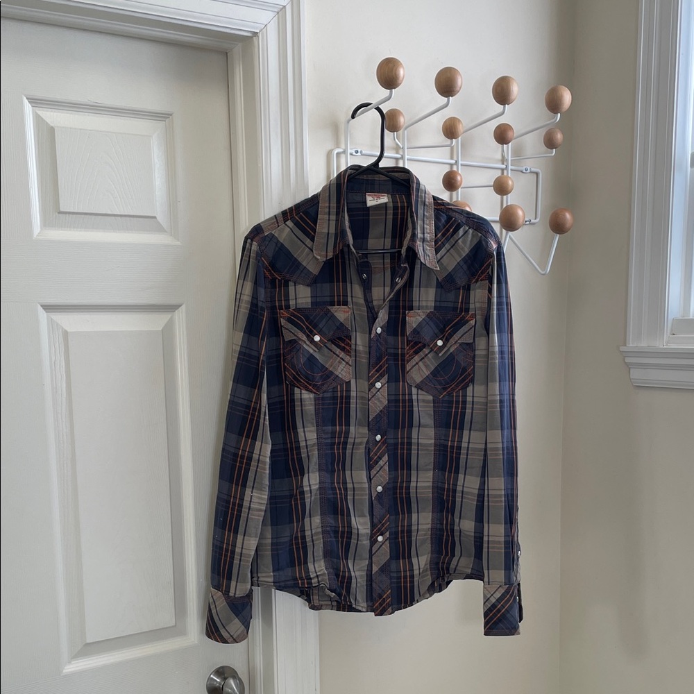 True Religion - Classic Pearl Snap Button Down Western Shirt - Blue / Tan - M